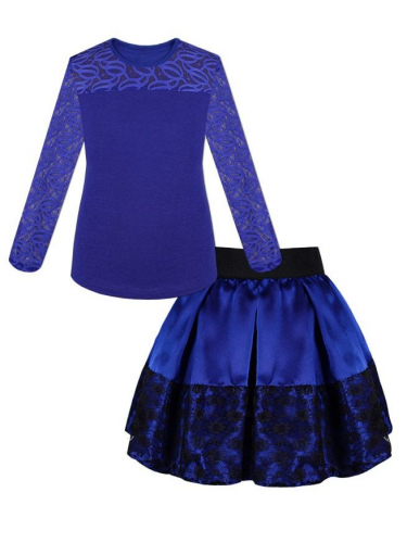 Школьный комплект для девочки с синим джемпером (блузкой) и синей атласной юбкой