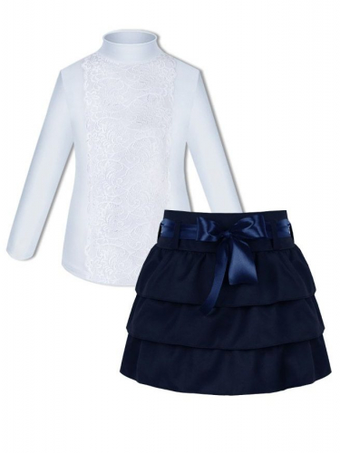 Школьная форма для девочки с белой водолазкой (блузкой) с кружевом и синей юбкой с бантом и оборками