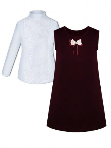 Школьный комплект для девочки с белой водолазкой (блузкой) и бордовым сарафаном с бантиком