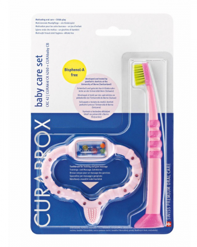 Стимулятор для прорезывания временных зубов Baby care set, розовый и детская зубная щетка