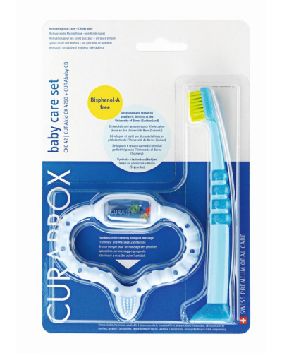 Стимулятор для прорезывания временных зубов Baby care set, голубой и детская зубная щетка