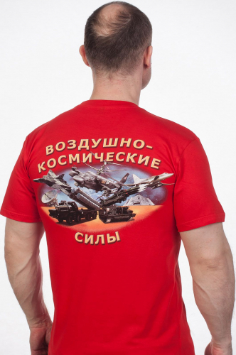 Красная милитари футболка с принтом ВКС РФ – модель, которая подойдет в 99% случаев независимо от вашего возраста и статуса №117