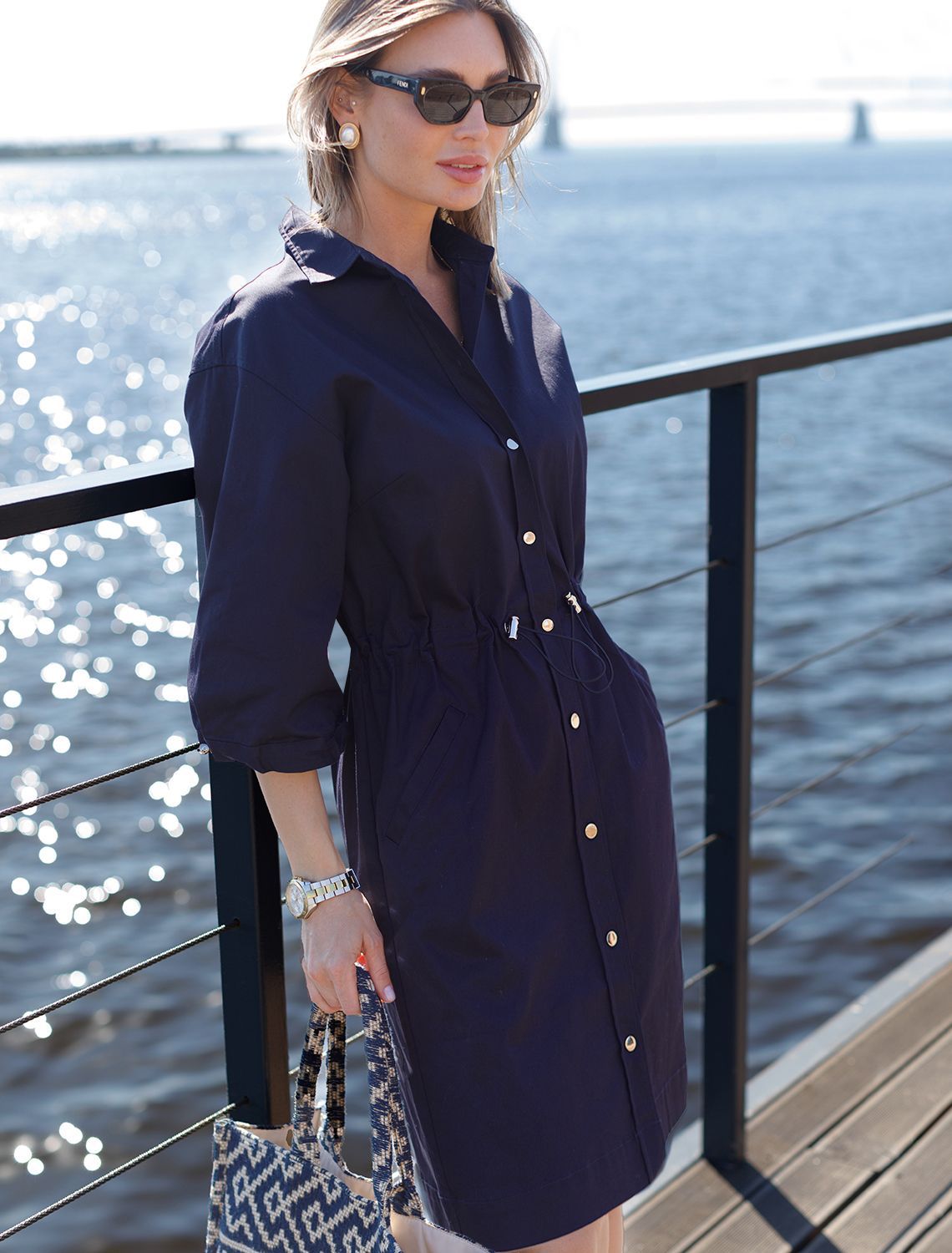 Платье на кулисе с регуляторами из хлопка с эластаном D22.217 темно-синий