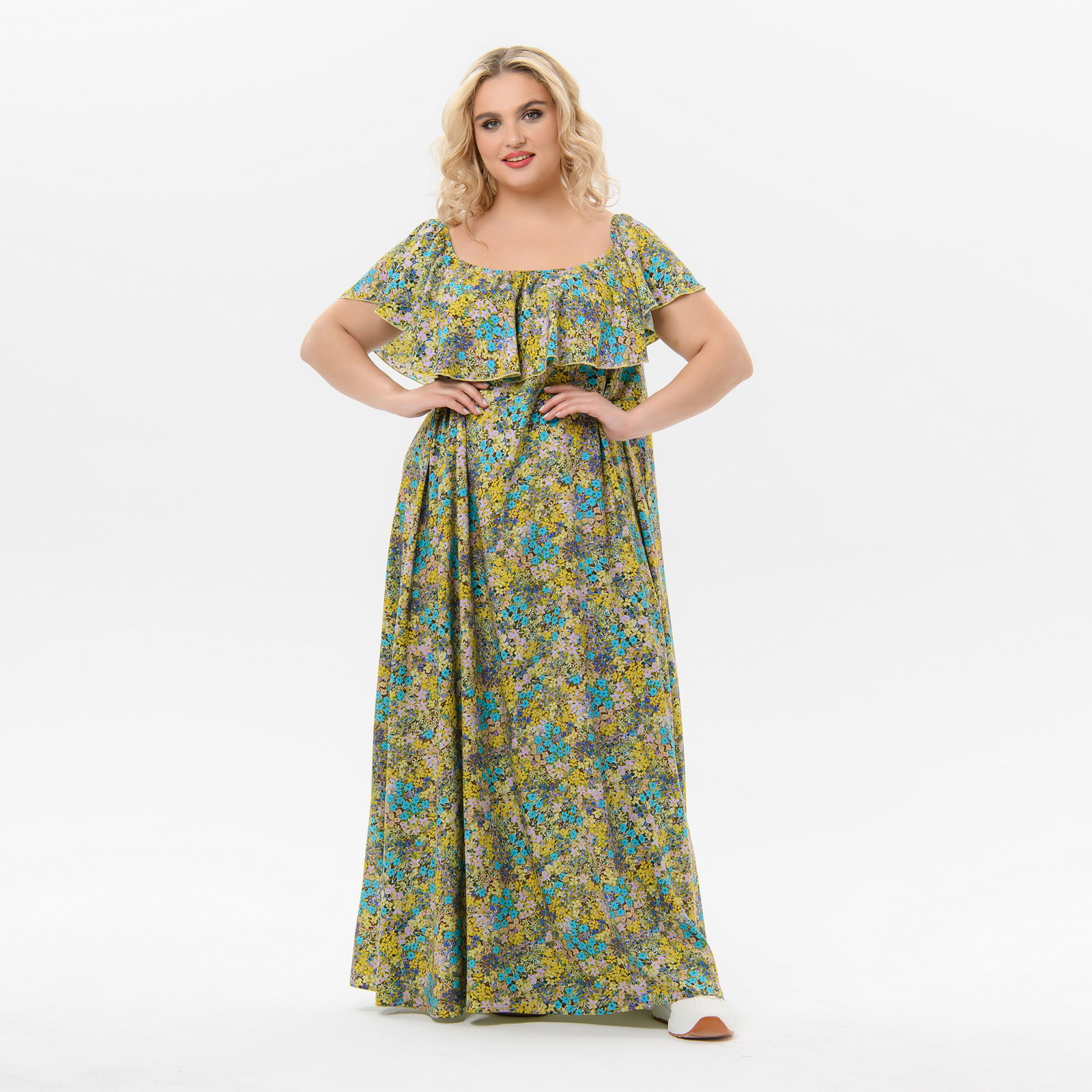 Платье из штапеля с воланом по горловине, принт