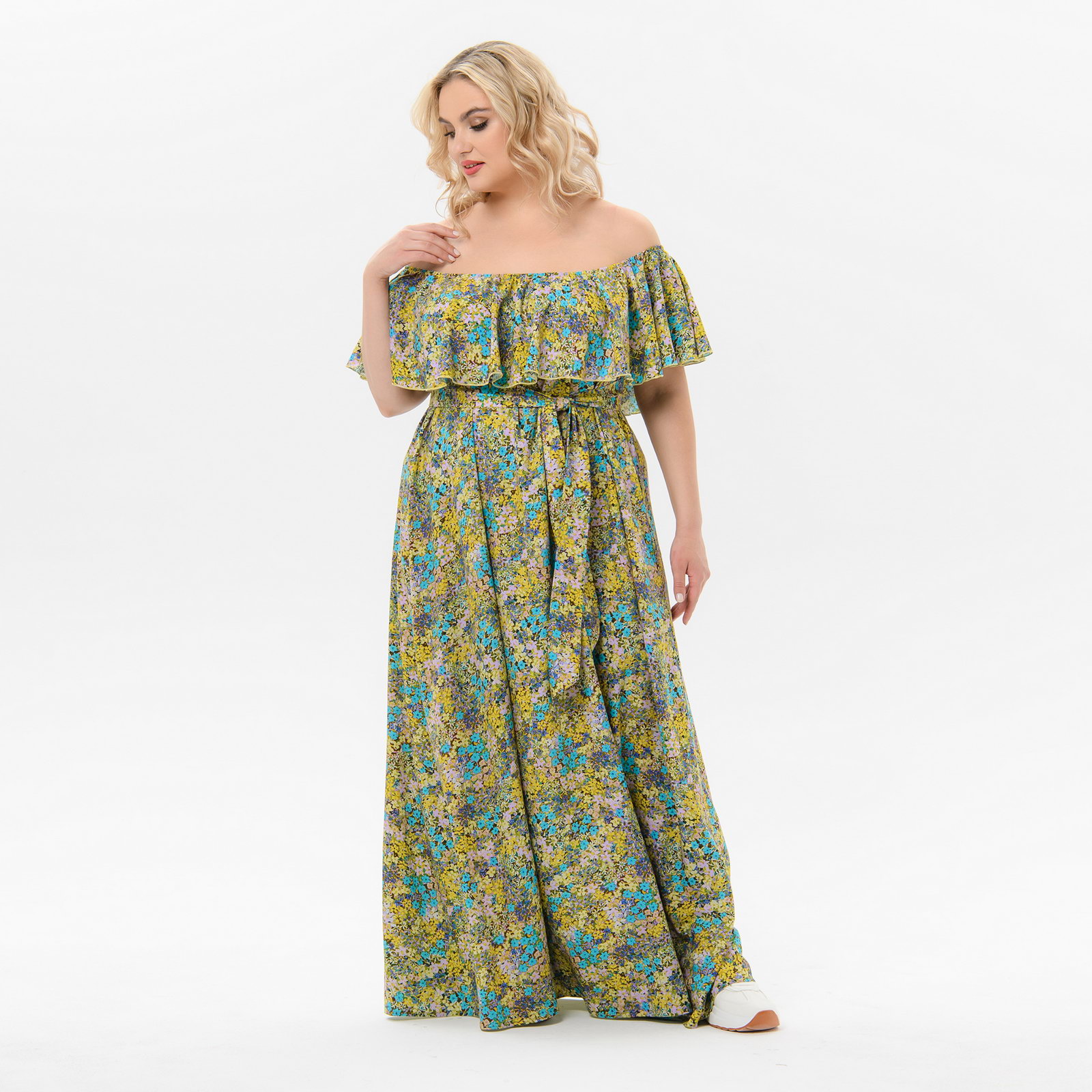 Платье из штапеля с воланом по горловине, принт