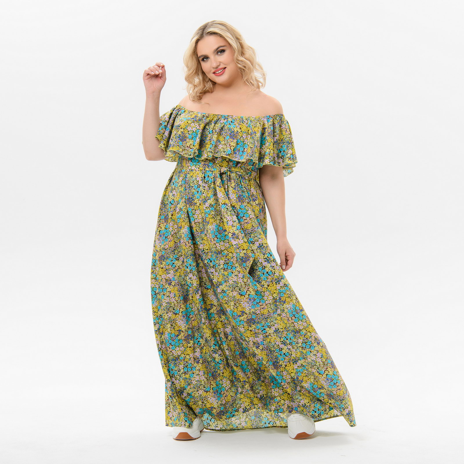 Платье из штапеля с воланом по горловине, принт