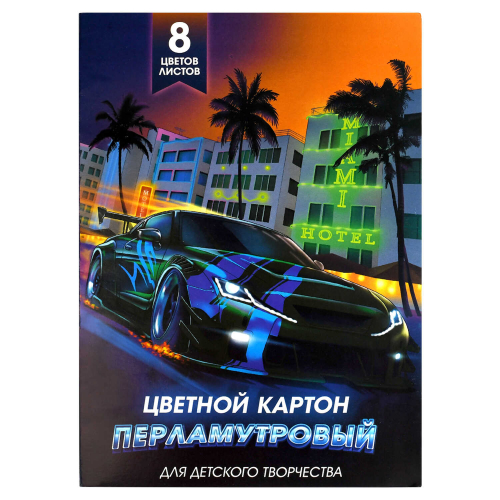 Перламутровый картон, формат 200х285 мм, количество листов 8, папка с клапанами, мелованный картон с белым оборотом, 190 г/м²,