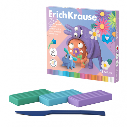 Пластилин классический ErichKrause Jolly Friends Pastel Bloom 12 цветов со стеком, 216 г (в коробке 12 шт)