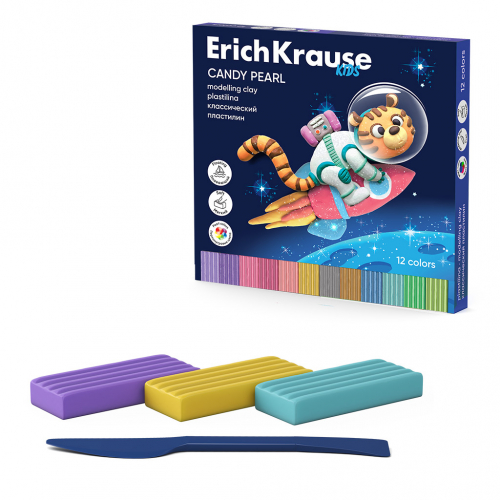 Пластилин классический ErichKrause Kids Space Animals Candy Pearl 12 цветов со стеком, 216 г (в коробке 12 шт)