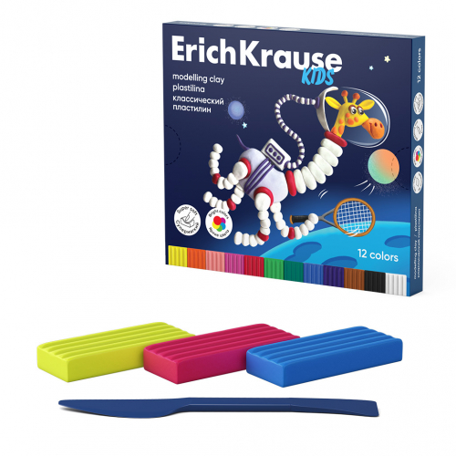 Пластилин классический ErichKrause Kids Space Animals 12 цветов со стеком, 216 г (в коробке 12 шт)