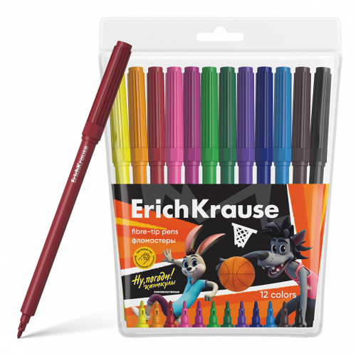 Фломастеры ErichKrause Ну, Погоди! Каникулы 12 цветов (в футляре с европодвесом 12 шт)