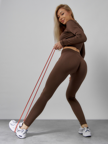 Спортивный костюм для фитнеса женский темно-коричневого цвета 20007TK