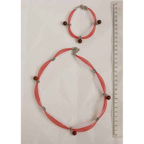 Комплект: колье и браслет из яшмы красной на сетке, цвет красный и белый, шарик 10мм