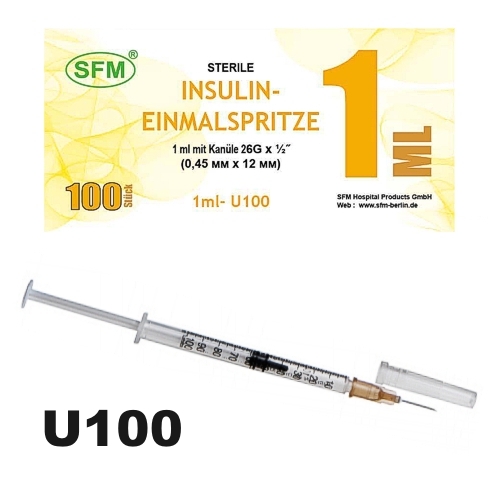Шприц (3-х комп) 1 мл инсулиновый U-100 с надетой иглой 0,45х12, 1 шт