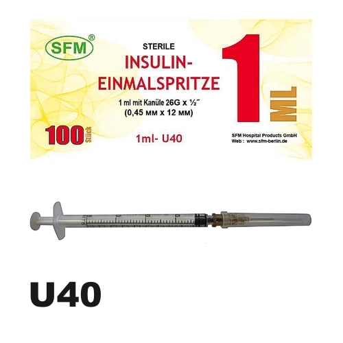 Шприц (3-х комп) 1 мл инсулиновый U-40 с надетой иглой 0,45х12, 1 шт