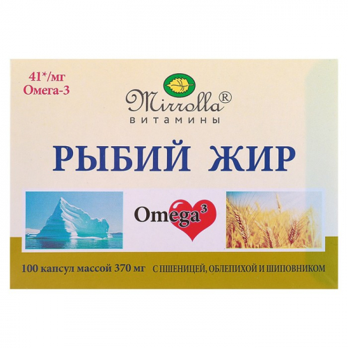 МЗ4241230 Mirrolla Рыбий жир пищевой с пшеницей, облепихой и шиповником, 100 капсул по 0,37