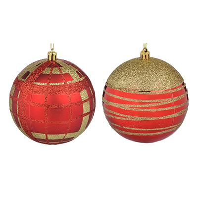 Елочный шар с декором СНОУ БУМ 10см, пластик, 1 шт, красный и золото, 2 дизайна, пакет