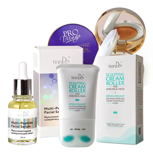 АКЦИЯ! 2=3 Купи 2 средства: крем-роллер для моделирования линии подбородка и шеи + мультипептидную сыворотку для лица – В ПОДАРОК DD тональное матирующее средство – кушон!