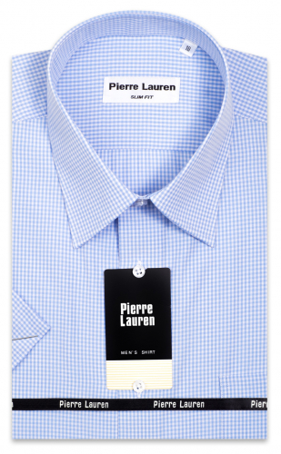 1086TSFK Приталенная мужская рубашка с коротким рукавом в голубую клетку Slim Fit
