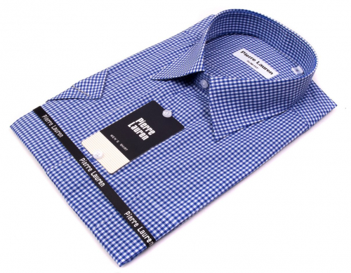 1069TSFK Приталенная мужская рубашка с коротким рукавом в синюю клетку Slim Fit