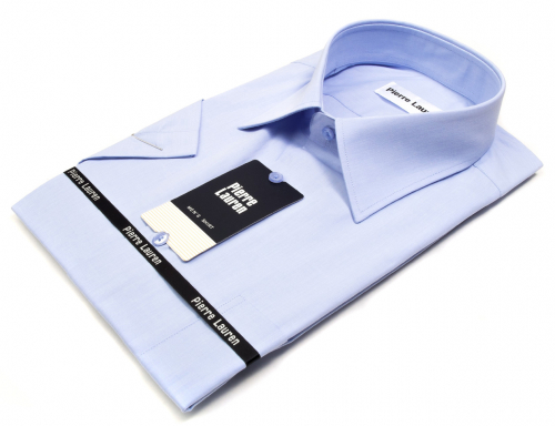 002TSFK Приталенная голубая однотонная мужская рубашка с коротким рукавом Slim Fit