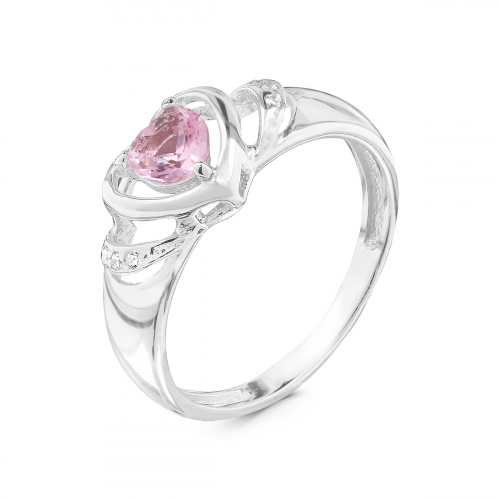Кольцо из серебра с пл.розовым кварцем и фианитами родированное