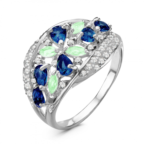 Кольцо из серебра с пл.синим кварцем, луный зелёный и фианитами родированное