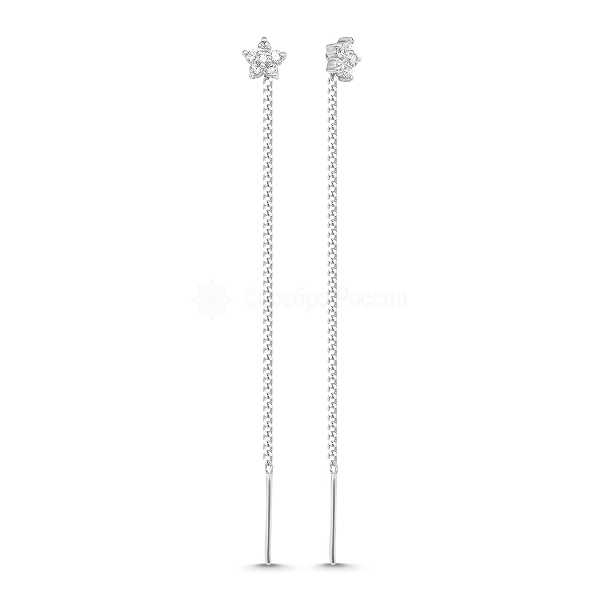 Серьги-продёвки из серебра с фианитами родированные 925 пробы С-2701р00