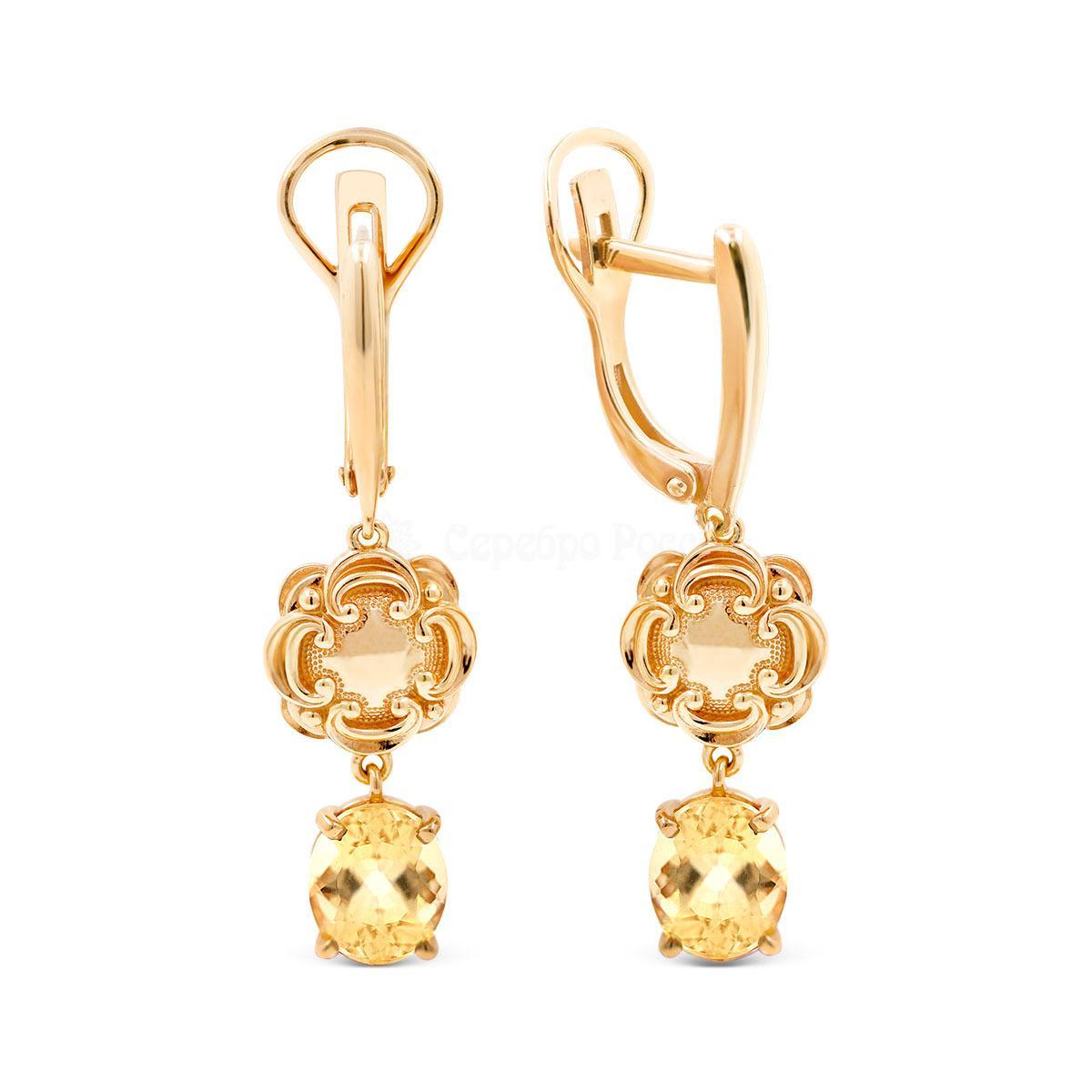 Серьги из золочёного серебра с нат.цитрином 925 пробы С-3669зс405