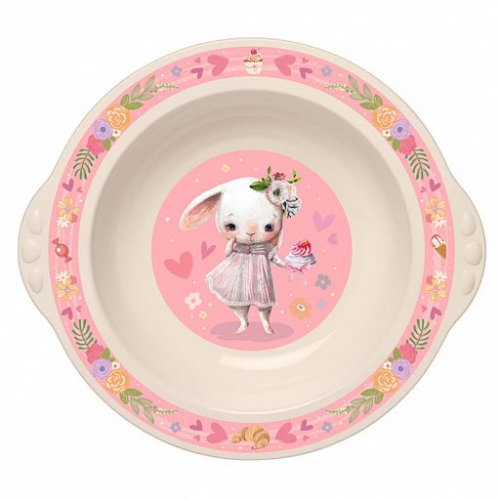Тарелка детская глубокая с розовым декором, (бежевый)