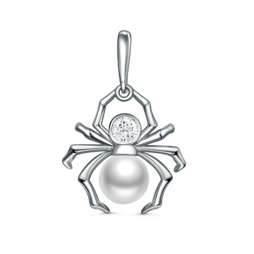 Подвеска из серебра с жемчугом Swarovski и фианитом родированная - Паук 925 пробы 3-183р1001