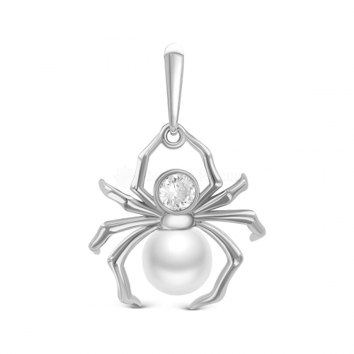 Подвеска из серебра с жемчугом Swarovski и фианитом родированная - Паук 925 пробы 3-183р1001