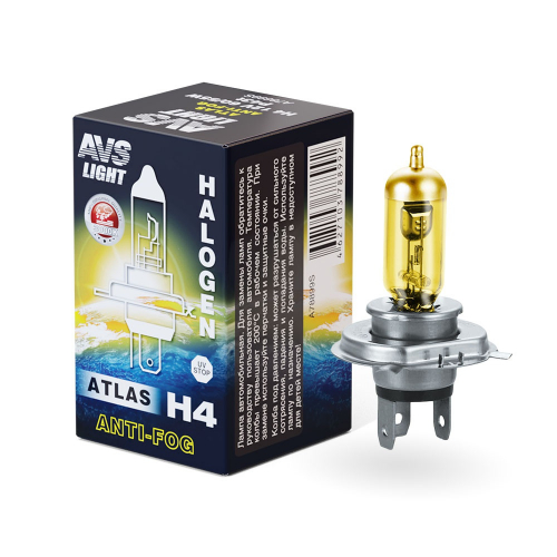 Лампа автомобильная AVS ATLAS ANTI-FOG желтый H4.12V.60/55W. 1шт.коробка