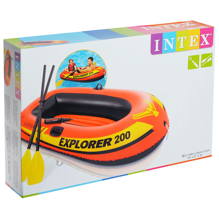 Лодка Explorer 200, 2 местная, 185 х 94 х 41 см, от 6 лет, до 95 кг, вёсла, насос, 58331NP INTEX