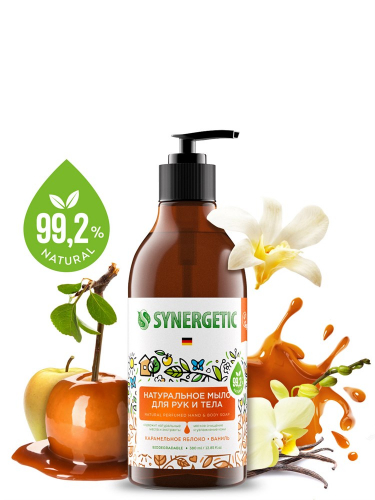 Биоразлагаемое натуральное мыло для рук и тела SYNERGETIC Карамельное яблоко и ваниль, 0,38л