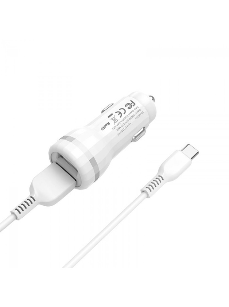 АЗУ HOCO Z27 Staunch, 2400mA, 2 USB, кабель Type-C, пластик (белый)