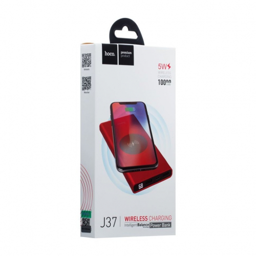 Мобильное зарядное устройство Hoco J37, 10000 mAh, 2A, 2USB/Type-C, бесп. зарядка Qi (красный)