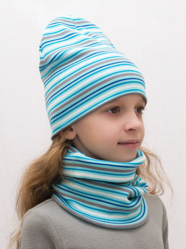 Комплект для девочки шапка+снуд Бирюзовая полоса, размер 50-52, хлопок 95%