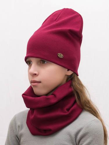 Комплект для девочки шапка+снуд (Цвет бордовый), размер 50-52, хлопок 95%