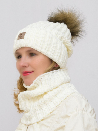 Комплект зимний женский шапка+снуд Яна (Цвет молочный), размер 54-56, шерсть 30%