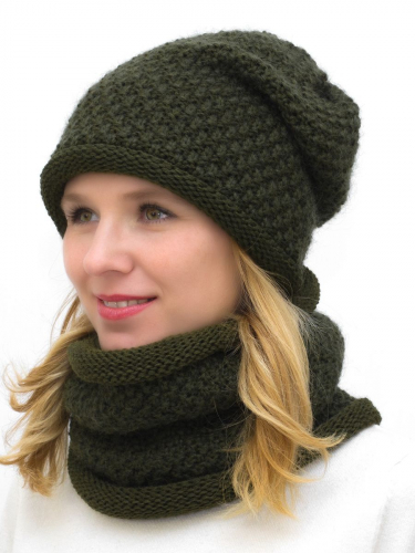 Комплект зимний женский шапка+снуд Даяна (Цвет зеленый), размер 56-58, шерсть 50%