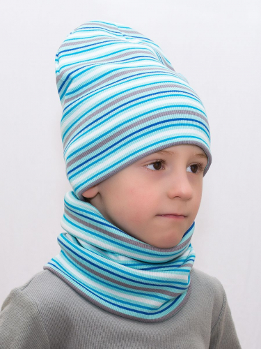 Комплект для мальчика шапка+снуд Бирюзовая полоса, размер 50-52, хлопок 95%