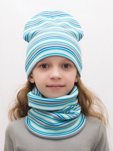 Комплект для девочки шапка+снуд Бирюзовая полоса, размер 50-52, хлопок 95%