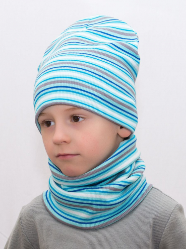Комплект для мальчика шапка+снуд Бирюзовая полоса, размер 50-52, хлопок 95%