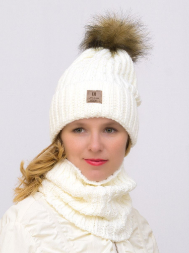 Комплект зимний женский шапка+снуд Яна (Цвет молочный), размер 54-56, шерсть 30%