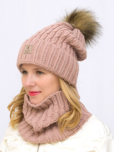Комплект зимний женский шапка+снуд Яна (Цвет темно-пудровый), размер 54-56, шерсть 30%