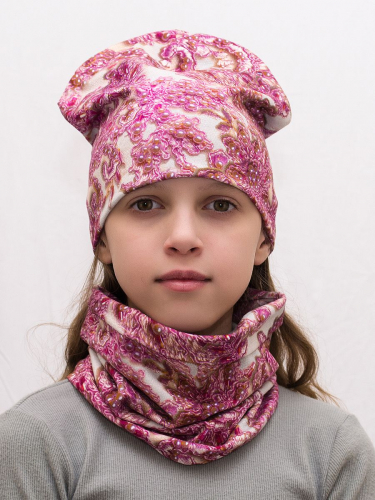 Комплект для девочки шапка+снуд Бусины, размер 46-48, 48-50, 50-52, 54-56, хлопок 95%
