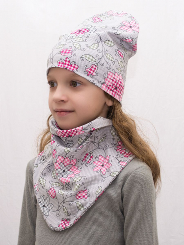 Комплект для девочки шапка+бактус Цветы в клетку, размер 48-50, хлопок 95%