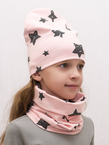 Комплект для девочки шапка+снуд Звезды на пудровом, размер 48-50; 50-52; 52-54, хлопок 95%