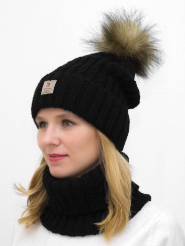 Комплект зимний женский шапка+снуд Яна (Цвет черный), размер 54-56, шерсть 30%